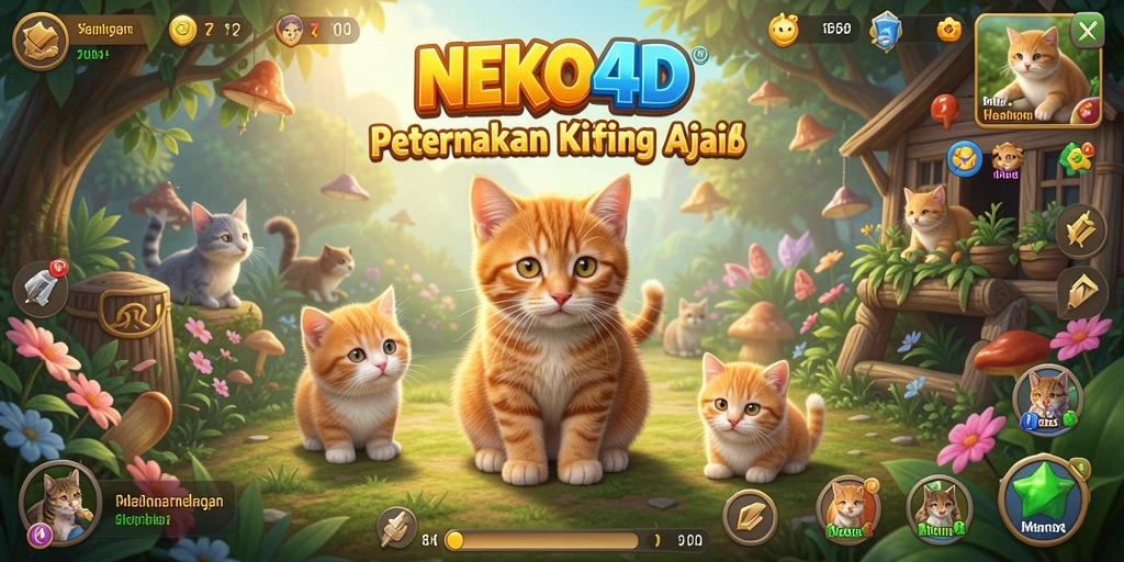Screenshot gameplay NEKO4D dengan kucing dan tanaman yang indah.