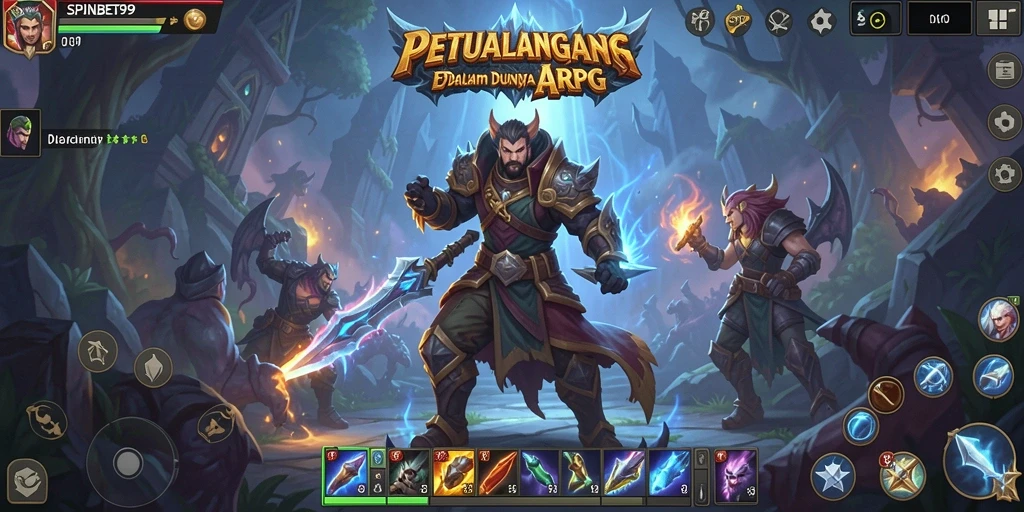 Screenshot menggambarkan pertempuran epik dalam dunia ARPG SPINBET99.
